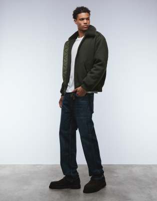 Asos Design Wool Look Bomber Jacket With Faux Fur Collar In Green