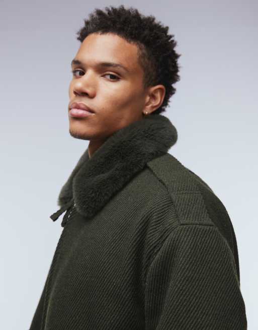 ASOS DESIGN wool look bomber jacket with faux fur collar in dark green, 4 of 5