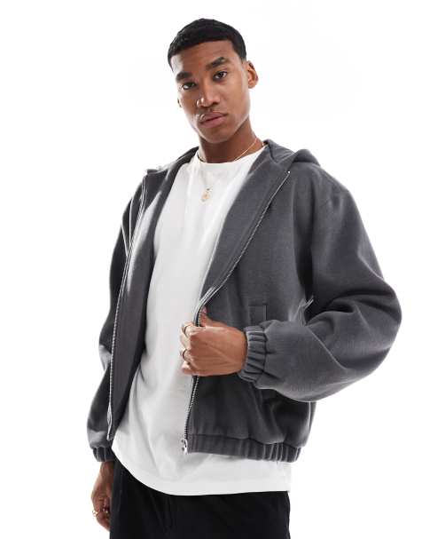 ASOS DESIGN wool look bomber jacket with hood in grey - view 1