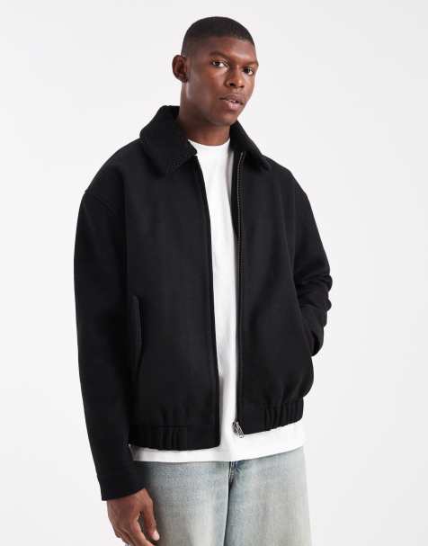 ASOS DESIGN wool look bomber with borg collar in black - view 1
