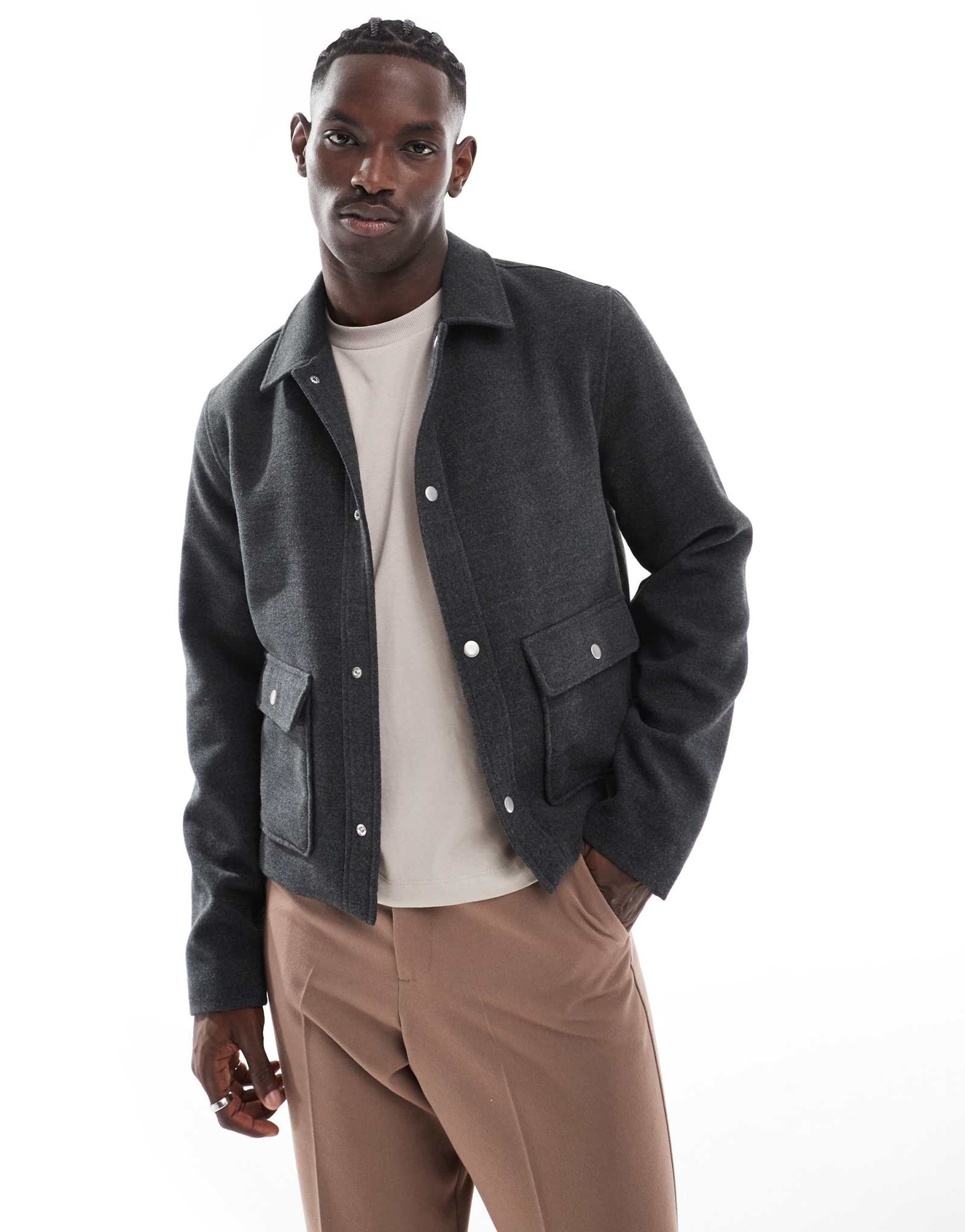 Укороченный шерстяной жакет harrington от ASOS DESIGN серого цвета