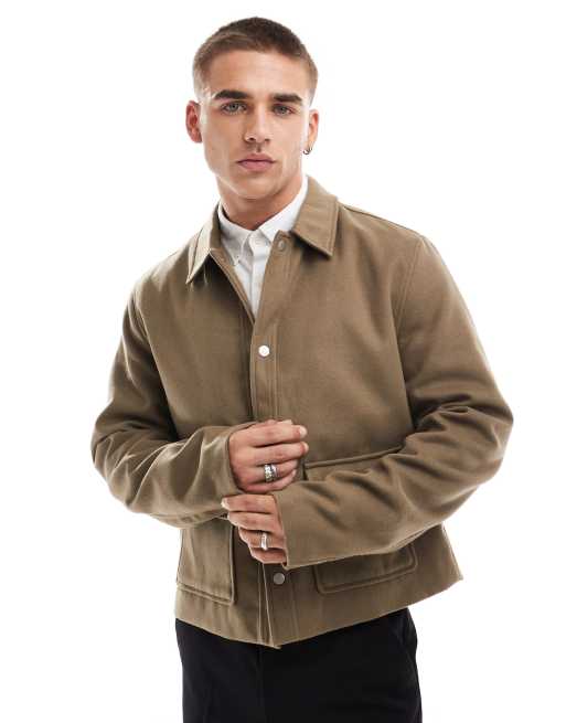 ASOS DESIGN wool look cropped harrington jacket in tan ASOS