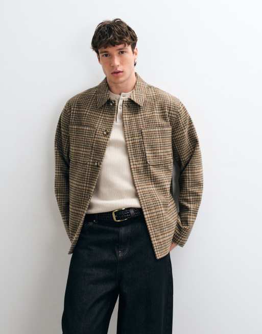 ASOS DESIGN wool look double pocket shacket in beige check, 2 of 5