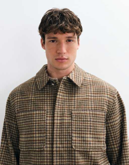 ASOS DESIGN wool look double pocket shacket in beige check, 3 of 5