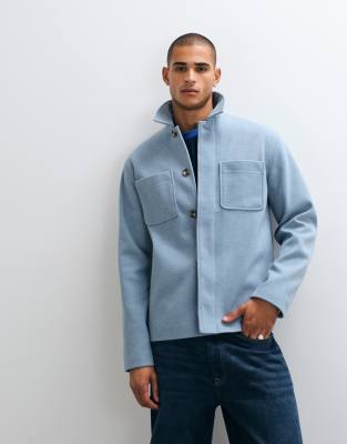 Asos Design Wool Look Double Pocket Shacket In Blue