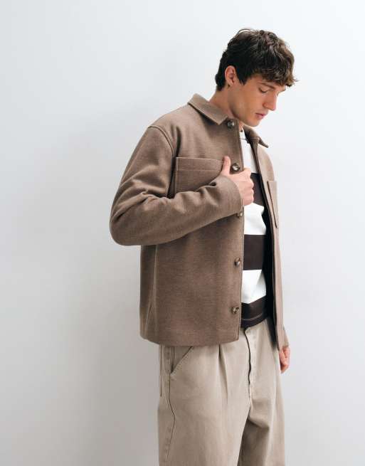 ASOS DESIGN wool look double pocket shacket in brown, 4 of 5