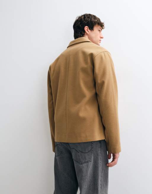 ASOS DESIGN wool look double pocket shacket in camel, 4 of 5