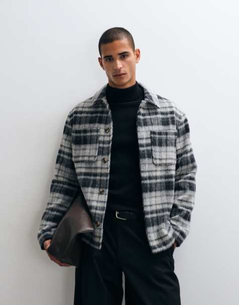 ASOS DESIGN wool look double pocket shacket in gray plaid - view 1