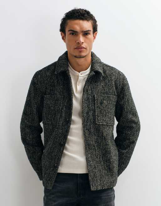 ASOS DESIGN wool look double pocket shacket in green twill, 3 of 5