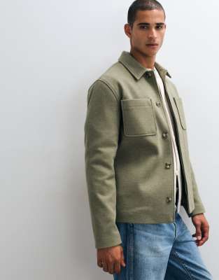 Asos Design Wool Look Double Pocket Shacket In Green