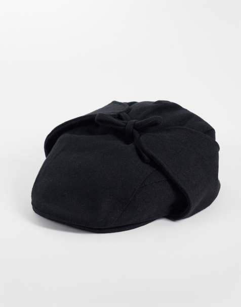 ASOS DESIGN wool look flat cap with ear flaps in black - view 1