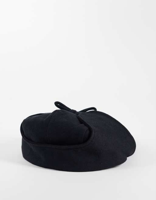 ASOS DESIGN wool look flat cap with ear flaps in black, 3 of 3