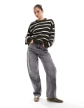[ASOS DESIGN] ASOS DESIGN wool look fluffy knitted jumper in navy and forest green stripe-Multi L Multi