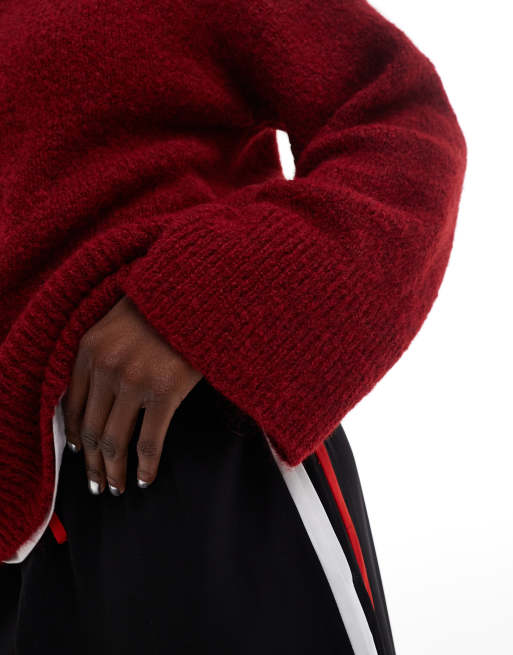 ASOS DESIGN wool look fluffy wide sleeve knitted jumper in burgundy red, 3 of 4