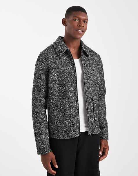 ASOS DESIGN wool look harrington jacket in black herringbone - view 1