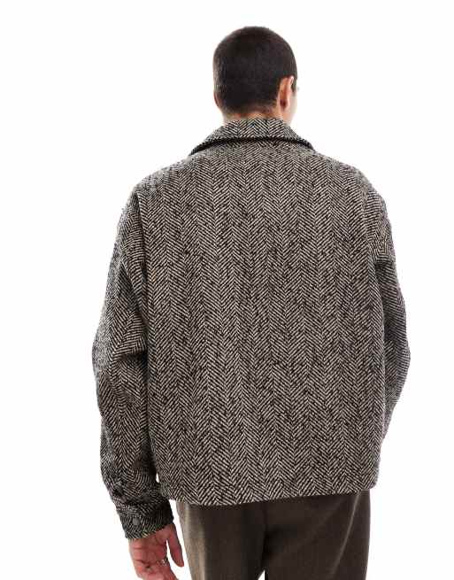 ASOS DESIGN wool look harrington jacket in brown salt and pepper - BLACK, 4 of 4