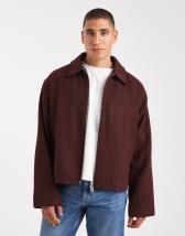 ASOS DESIGN boxy oversized Harrington jacket in faux leather in brown