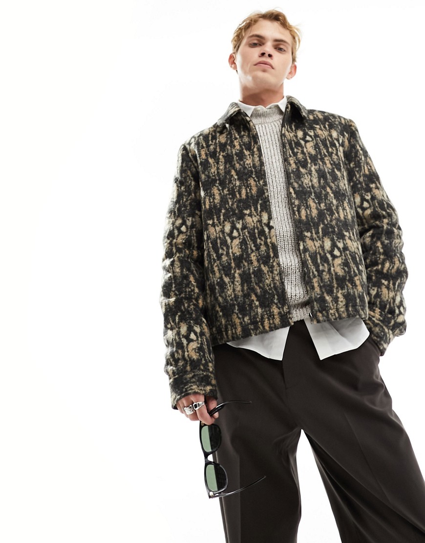 ASOS DESIGN wool look harrington jacket in leopard print-Multi