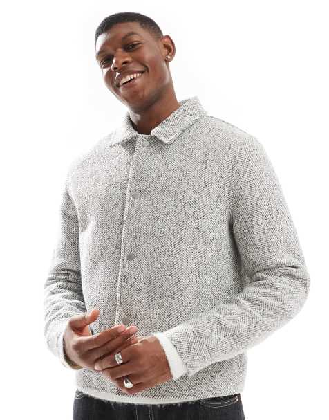 ASOS DESIGN wool look harrington jacket in neutral herringbone - view 1
