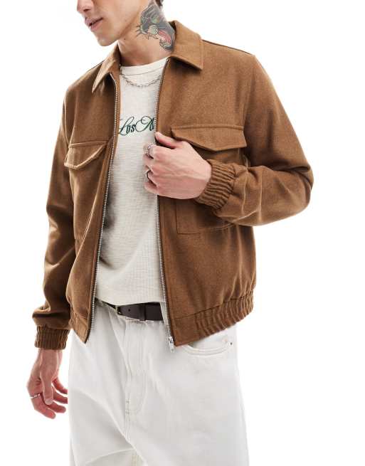 ASOS DESIGN wool look harrington jacket in tan