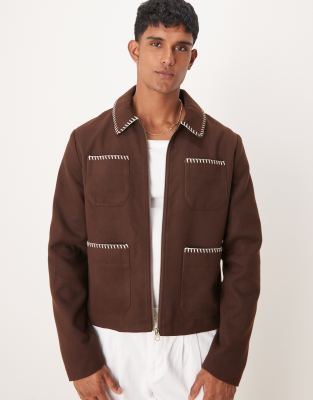 ASOS DESIGN wool look harrington jacket with blanket stitch in brown