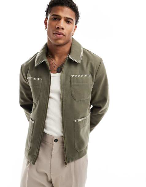 ASOS DESIGN wool look harrington jacket with blanket stitch in khaki - view 1