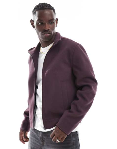 ASOS DESIGN wool look harrington jacket with funnel neck in burgundy - view 1