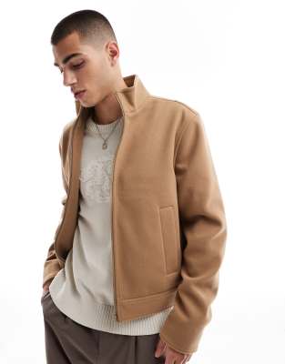 wool look harrington jacket with funnel neck in camel-Neutral