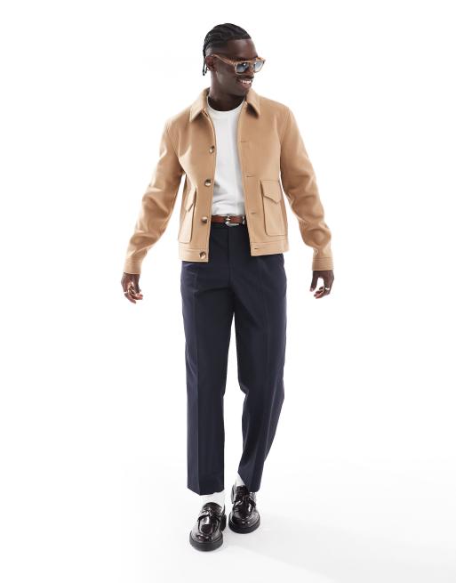 ASOS DESIGN wool look harrington jacket with pockets in camel, 3 of 4