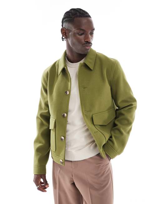 ASOS DESIGN wool look harrington jacket with pockets in khaki ASOS