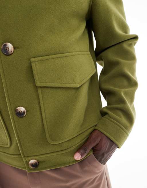 ASOS DESIGN wool look harrington jacket with pockets in khaki, 4 of 4