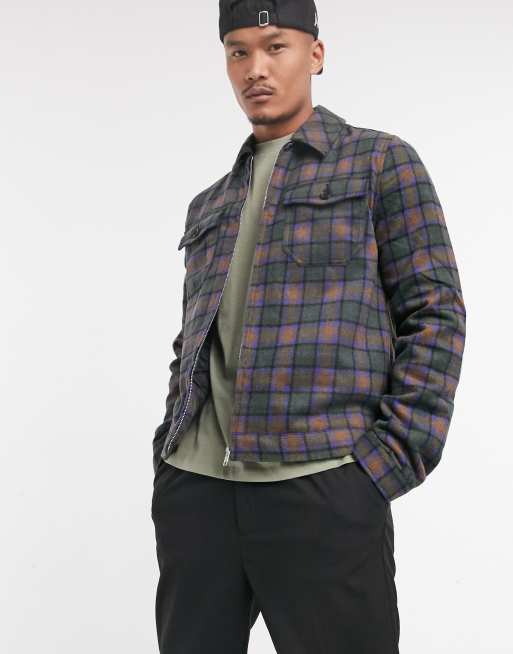 ASOS DESIGN wool look jacket in brown and blue check 