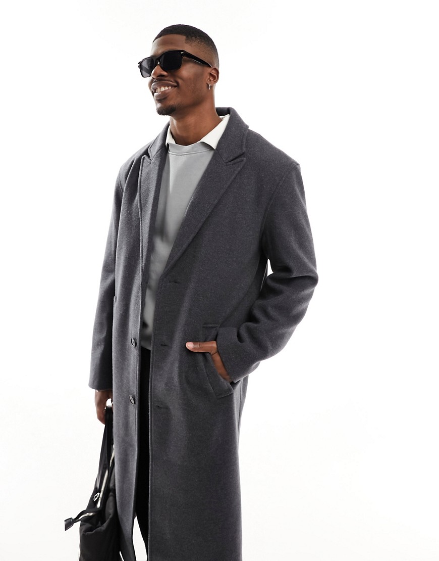 Asos Design Wool Look Overcoat In Dark Gray