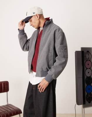 wool look oversized bomber jacket with funnel neck in gray