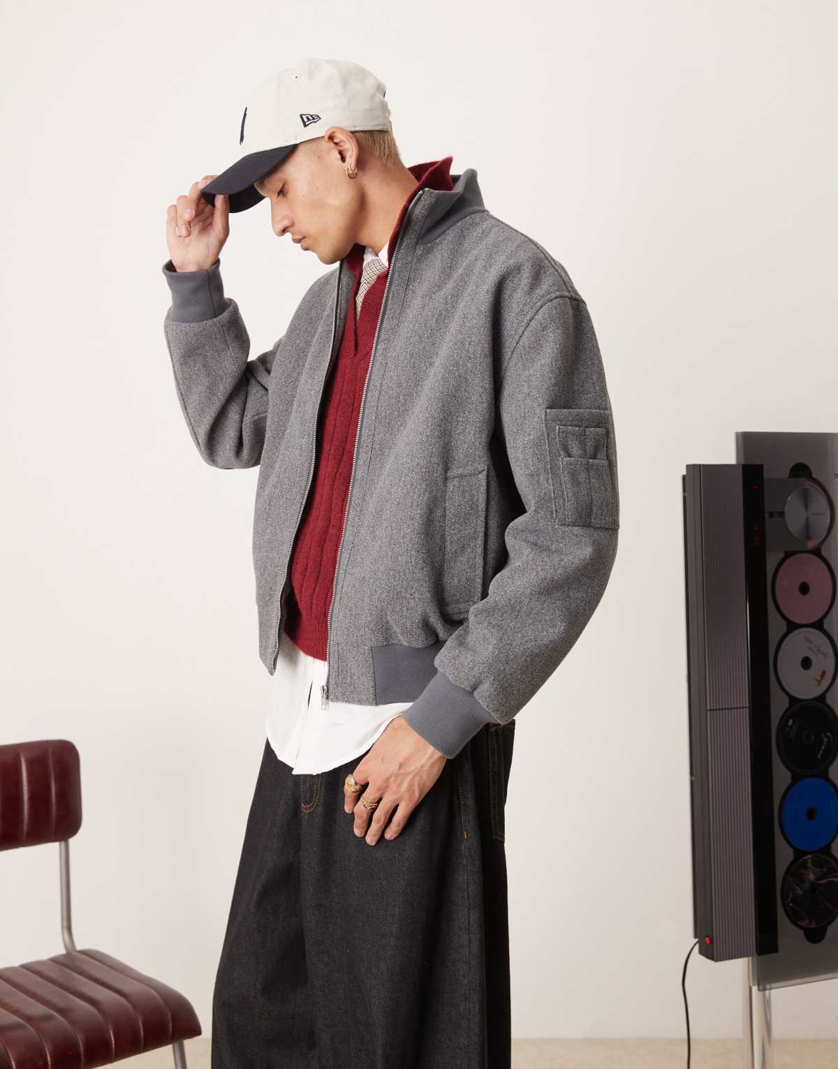 ASOS  DESIGN wool look oversized bomber jacket with funnel neck in grey