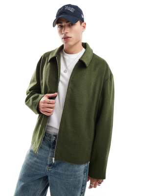 wool look oversized crop harrington jacket in khaki-Green