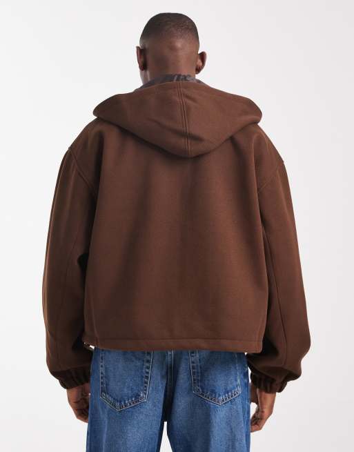 ASOS DESIGN wool look oversized hooded jacket in brown, 3 of 5