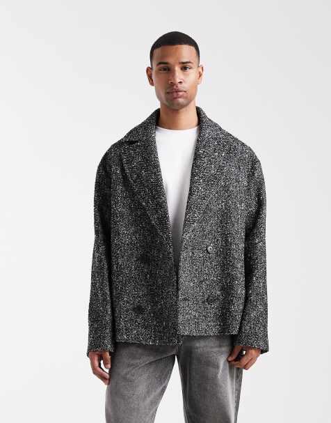 ASOS DESIGN wool look peacoat in black herringbone - view 1