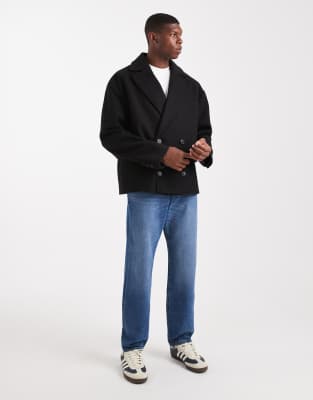 Asos Design Wool Look Peacoat In Black