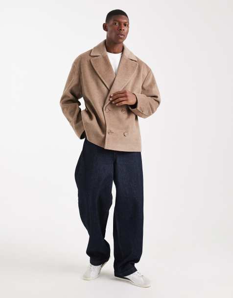ASOS DESIGN wool look peacoat in stone - view 1