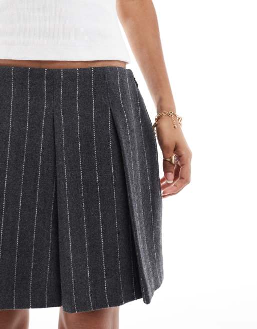 ASOS DESIGN wool look pleat tailored skirt in charcoal stripe ASOS