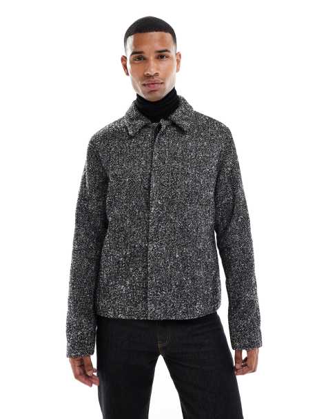 ASOS DESIGN wool look shacket in black herringbone - view 1