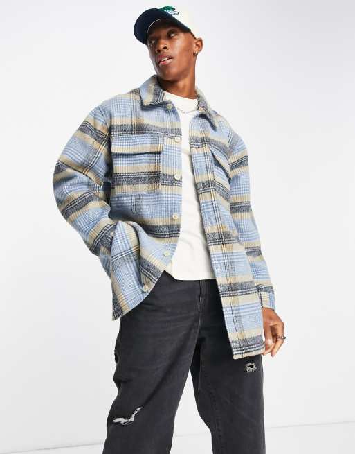 ASOS DESIGN wool look shacket in blue and ecru check ASOS