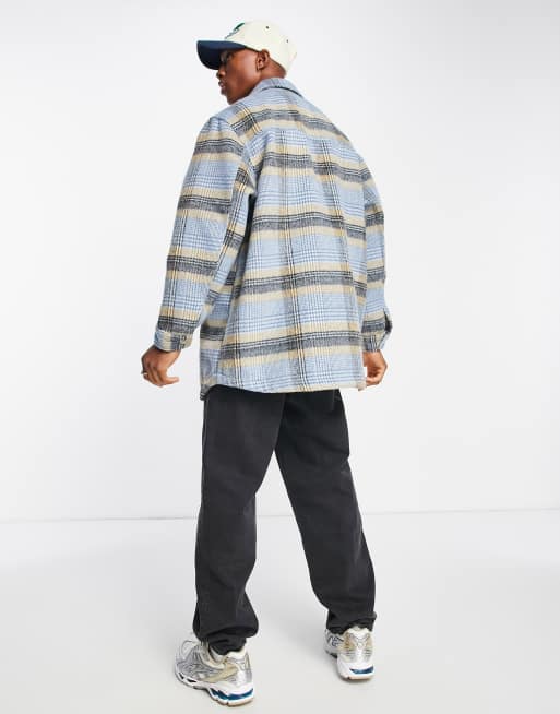 ASOS DESIGN wool look shacket in blue and ecru check | ASOS