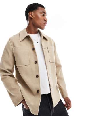 Asos Design Wool Look Shacket In Camel-neutral