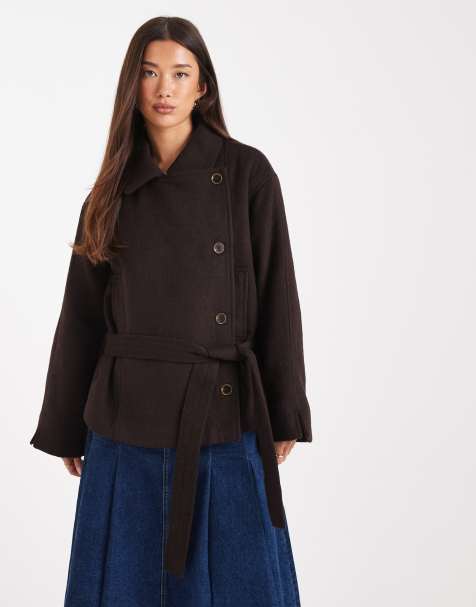 ASOS DESIGN wool look short trench coat with low belt in chocolate - view 1