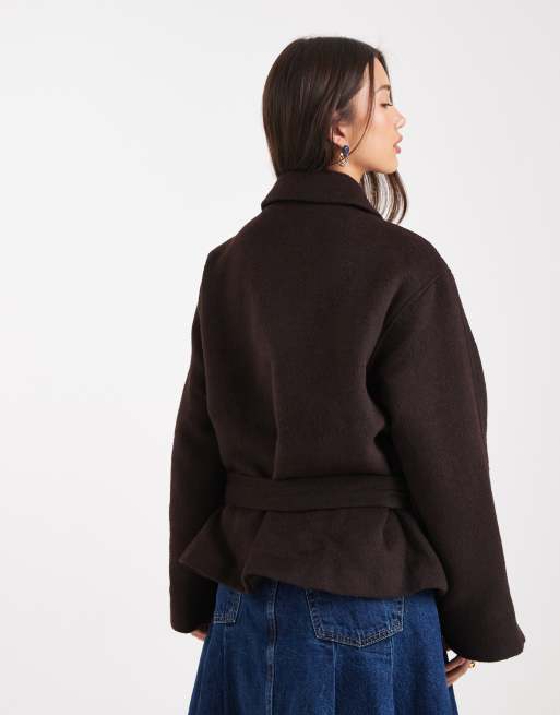 ASOS DESIGN wool blend short trench coat with low belt in chocolate