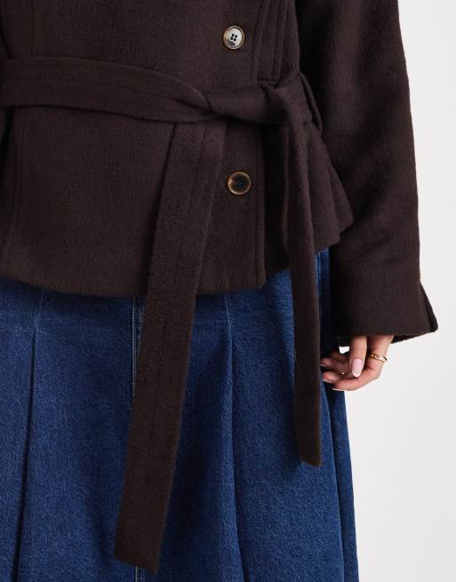 ASOS DESIGN wool blend short trench coat with low belt in chocolate