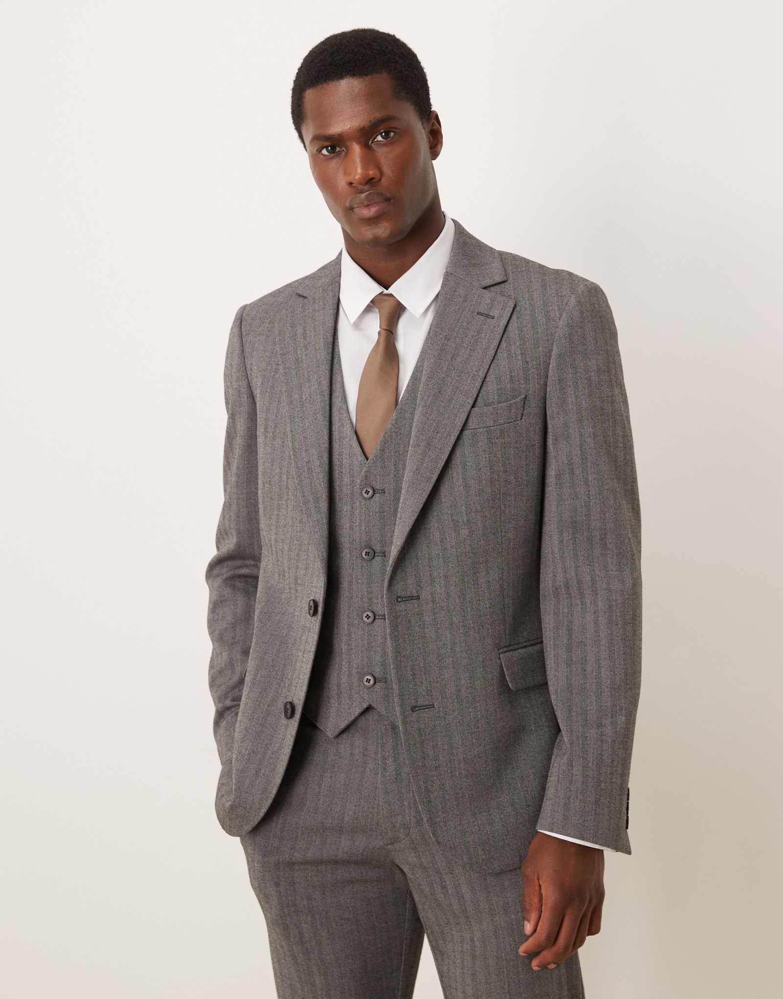 ДИЗАЙНЕРСКИЙ шерстяной пиджак в обтяжку от ASOS темно-серого цвета в елочку