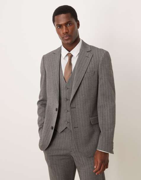 ASOS DESIGN wool look skinny suit jacket in charcoal grey herringbone - view 1